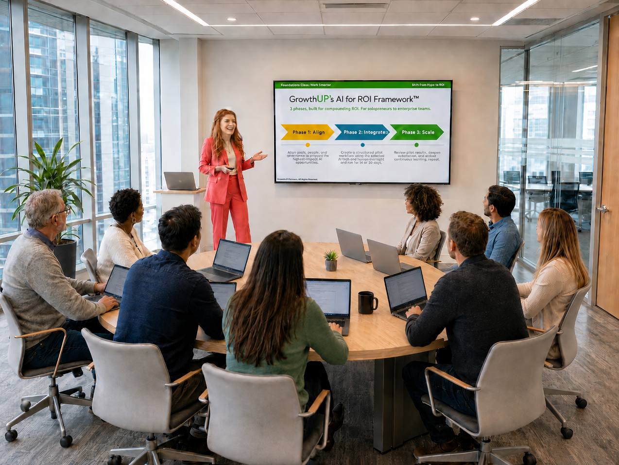 Abigail Merrill presenting the AI for ROI Framework to a boardroom team