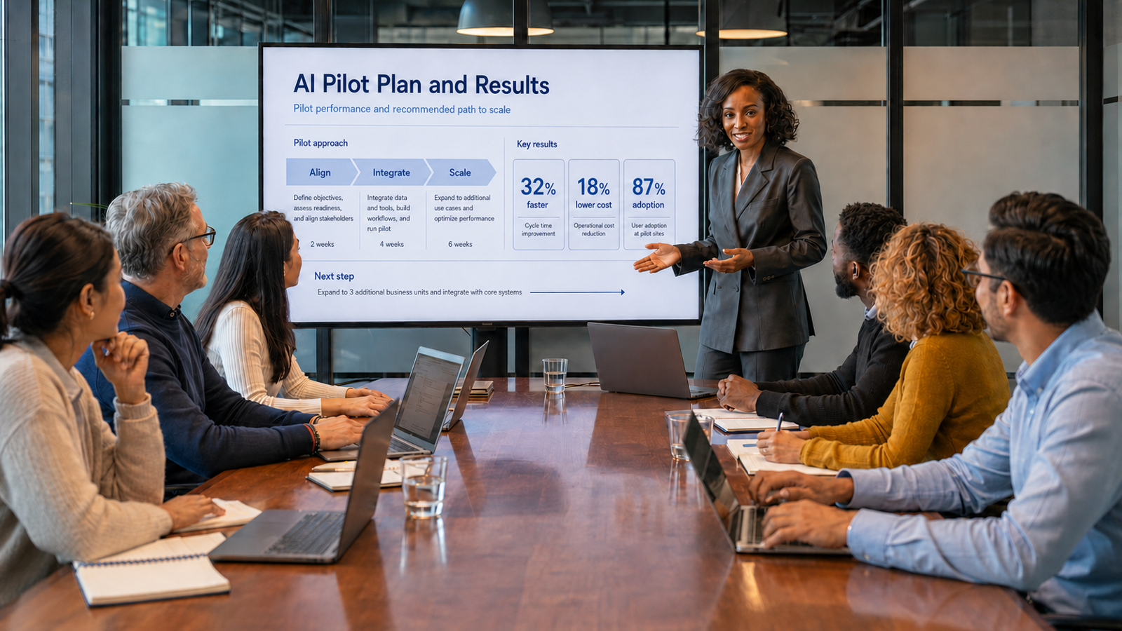 A GrowthUP consultant presenting an AI pilot plan and results to a boardroom team